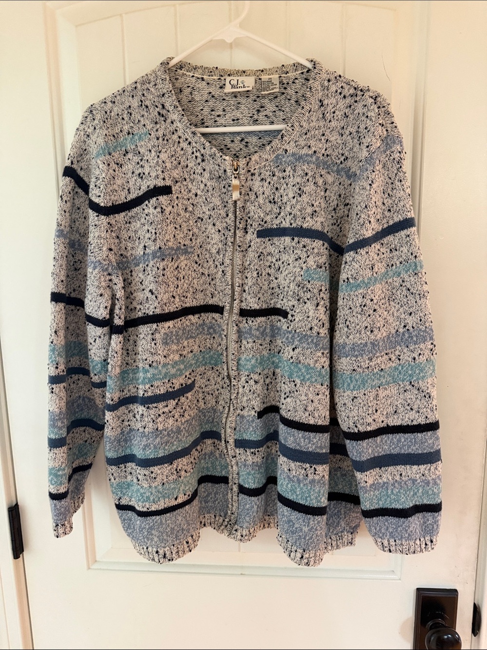 CJ Banks Striped Zip Sweater in Light Gray, Blue & Black Size 2X